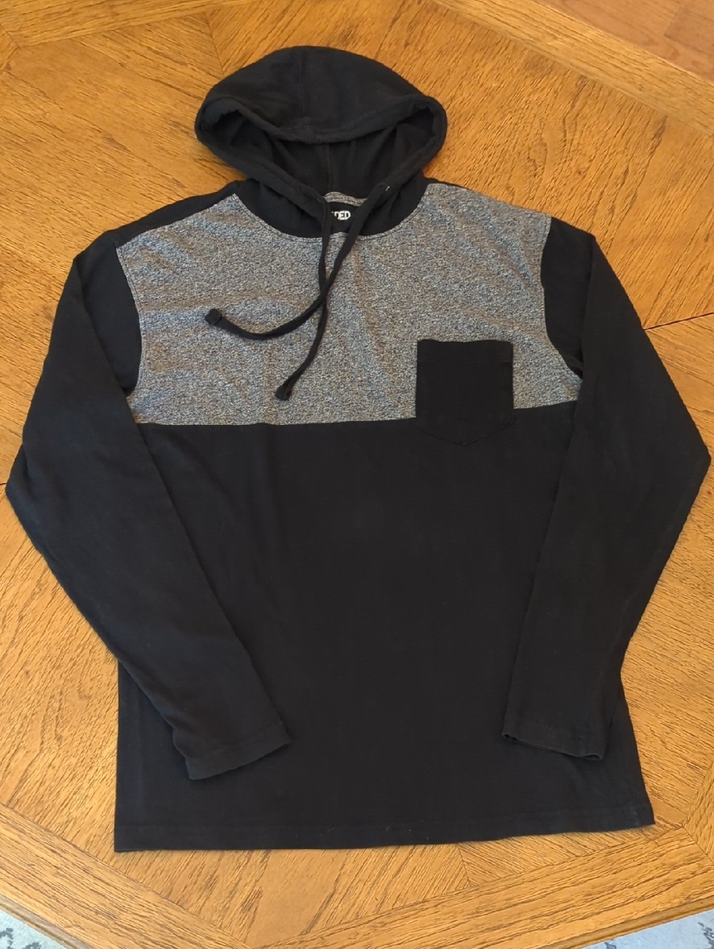 Men's Black & Gray Hooded Long-Sleeve Pocket Shirt Lightweight Hoodie